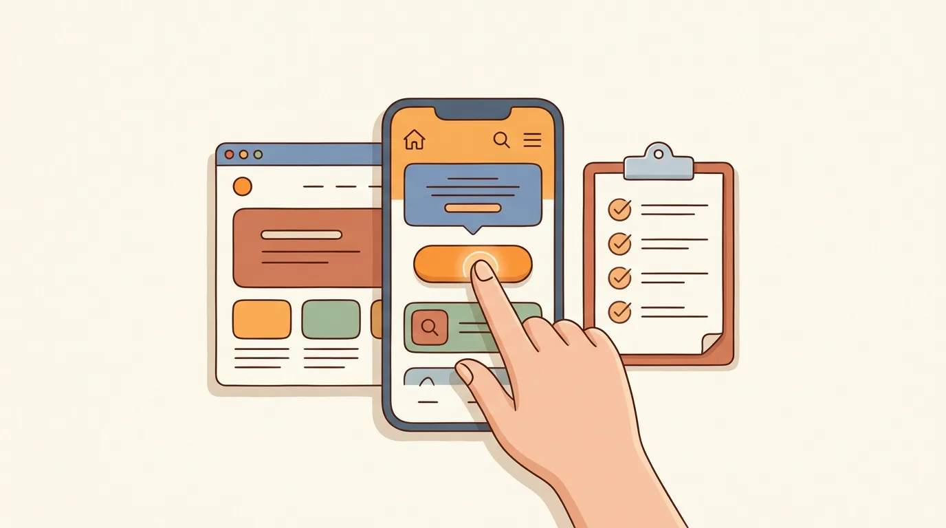 Các khung preview web, mobile, nút bấm và checklist dạng hoạt hình