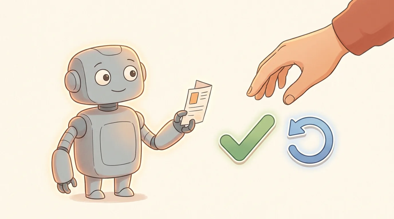 Robot đưa báo cáo kiểm tra và một bàn tay chọn giữa duyệt hoặc làm lại