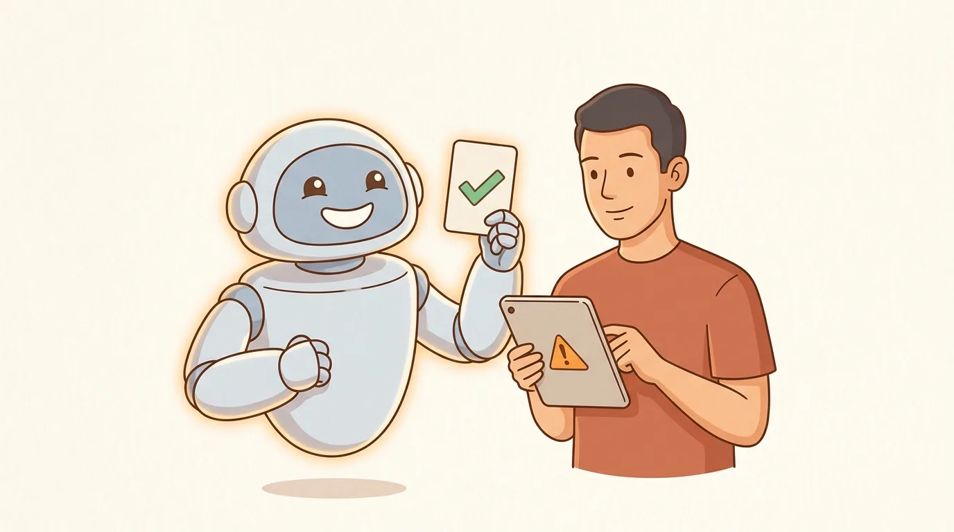 Robot tự tin đưa thẻ đã xong trong khi người dùng nhìn thấy cảnh báo trên tablet