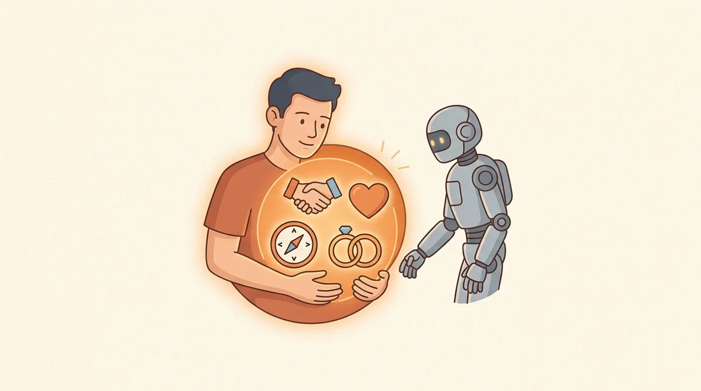 Một vòng tròn ấm chứa phần người: bắt tay, trái tim, la bàn giá trị, lời hứa, robot đứng ngoài như công cụ