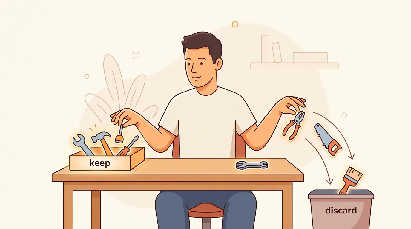 Một người phân loại công cụ: cái hợp giữ lại, cái không hợp bỏ vào thùng