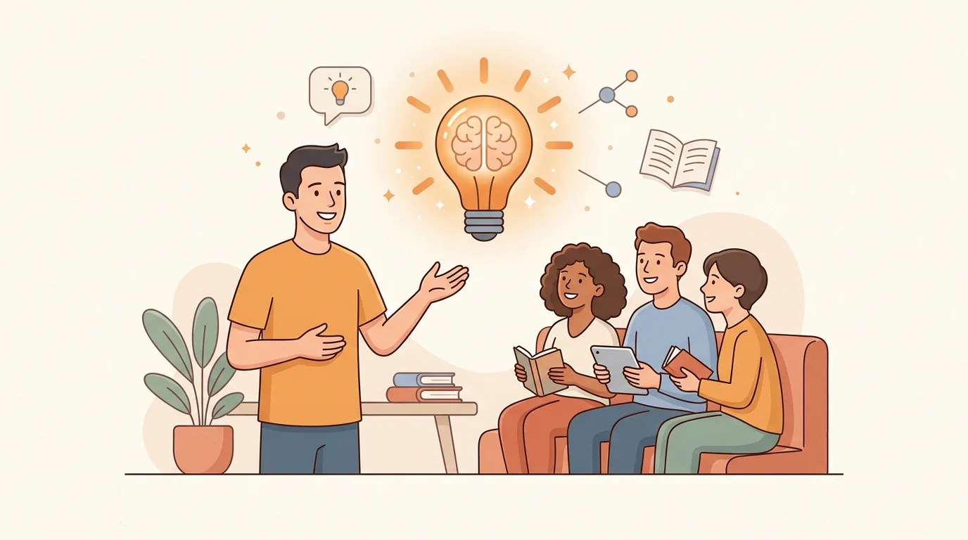Một người chia sẻ cho nhóm nhỏ, bóng đèn hiểu biết trên đầu anh sáng dần lên khi anh nói