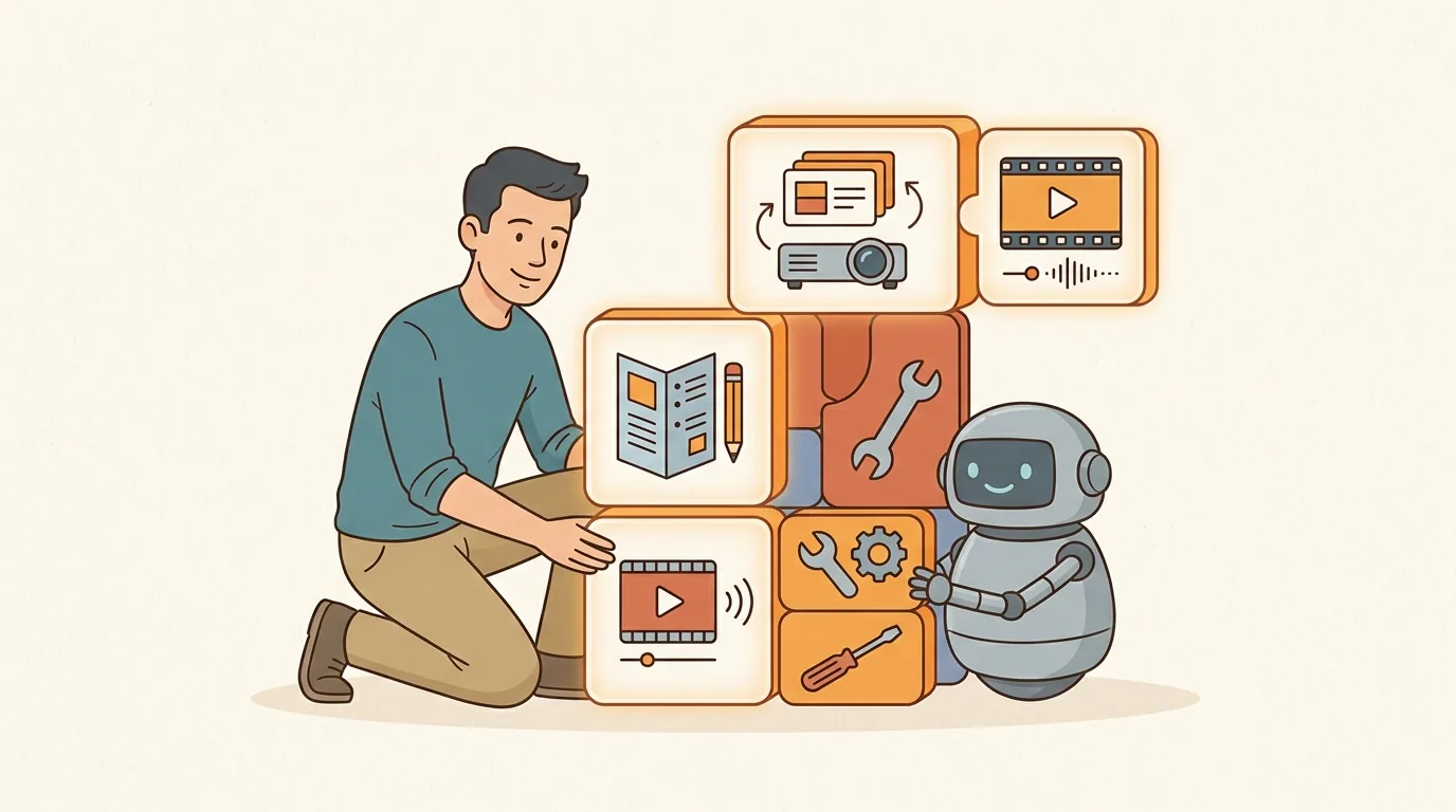 Một người lắp ráp bộ đồ nghề workshop cùng robot AI: slide, handout, clip demo, công cụ