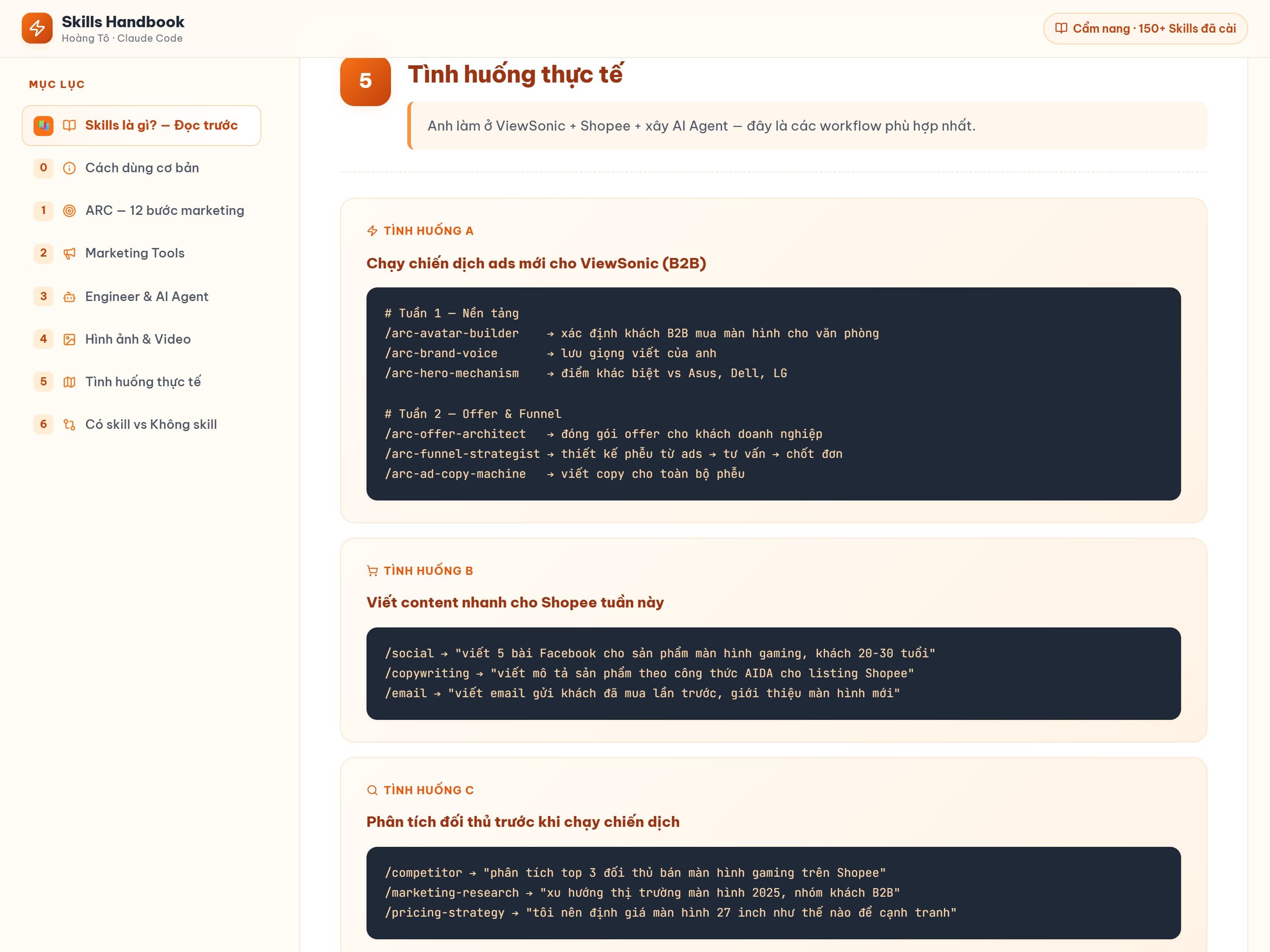 5 tình huống thực tế · chạy ads, content, phân tích đối thủ