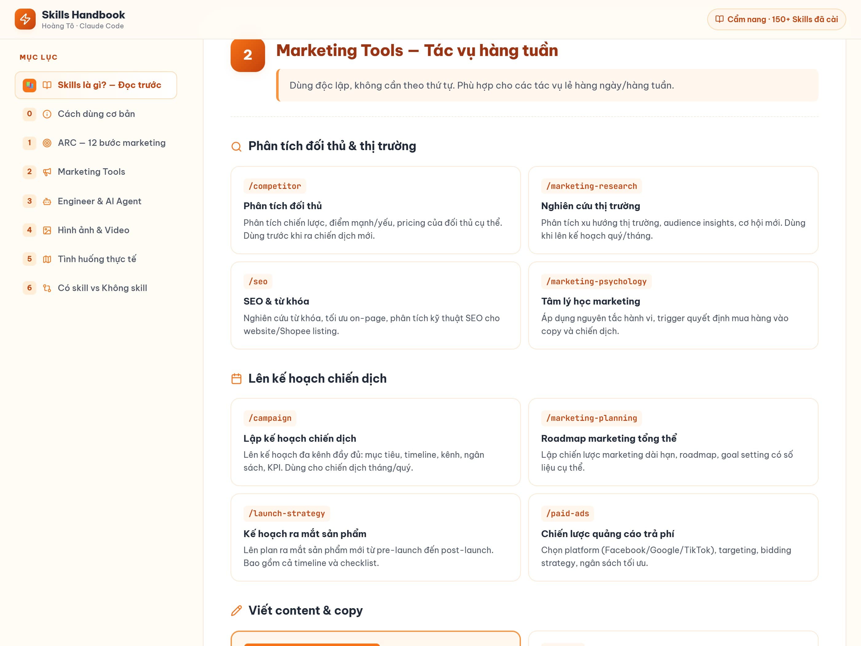 Marketing Tools · phân tích đối thủ, kế hoạch, copy